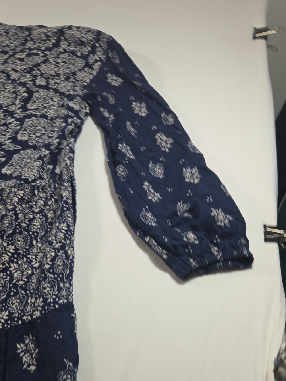 Anthropologie Maeve Navy White Boho Long-Sleeve Tiered Floral Dress Tassel Vneck - Picture 16 of 16